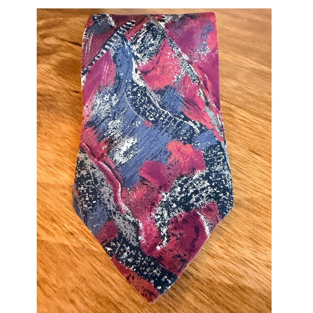 Conte di Milano VTG Silk Necktie Abstract Impressionist Pattern, Burgundy & Blue
